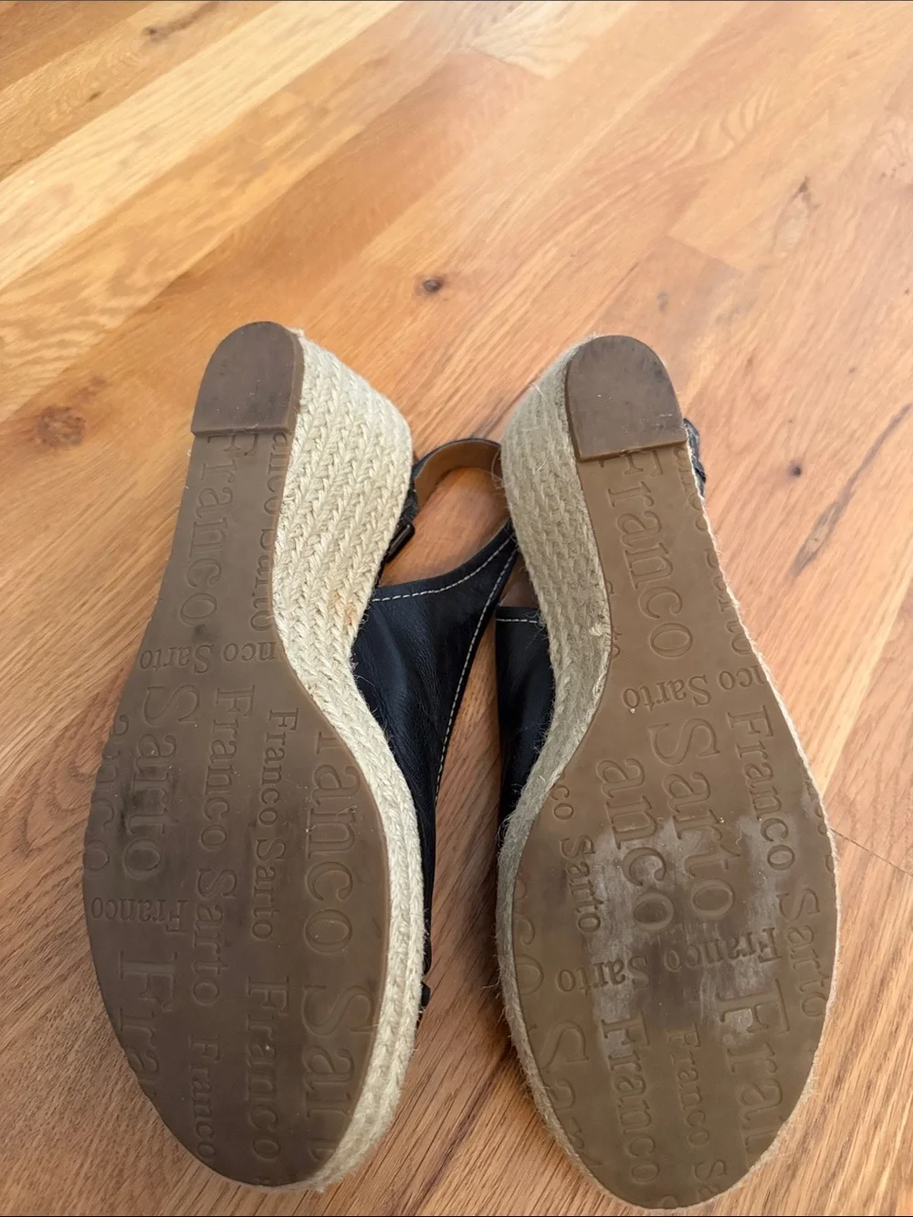 Franco Sarto Black Leather Open-Toe Slingback Espadrille Wedges